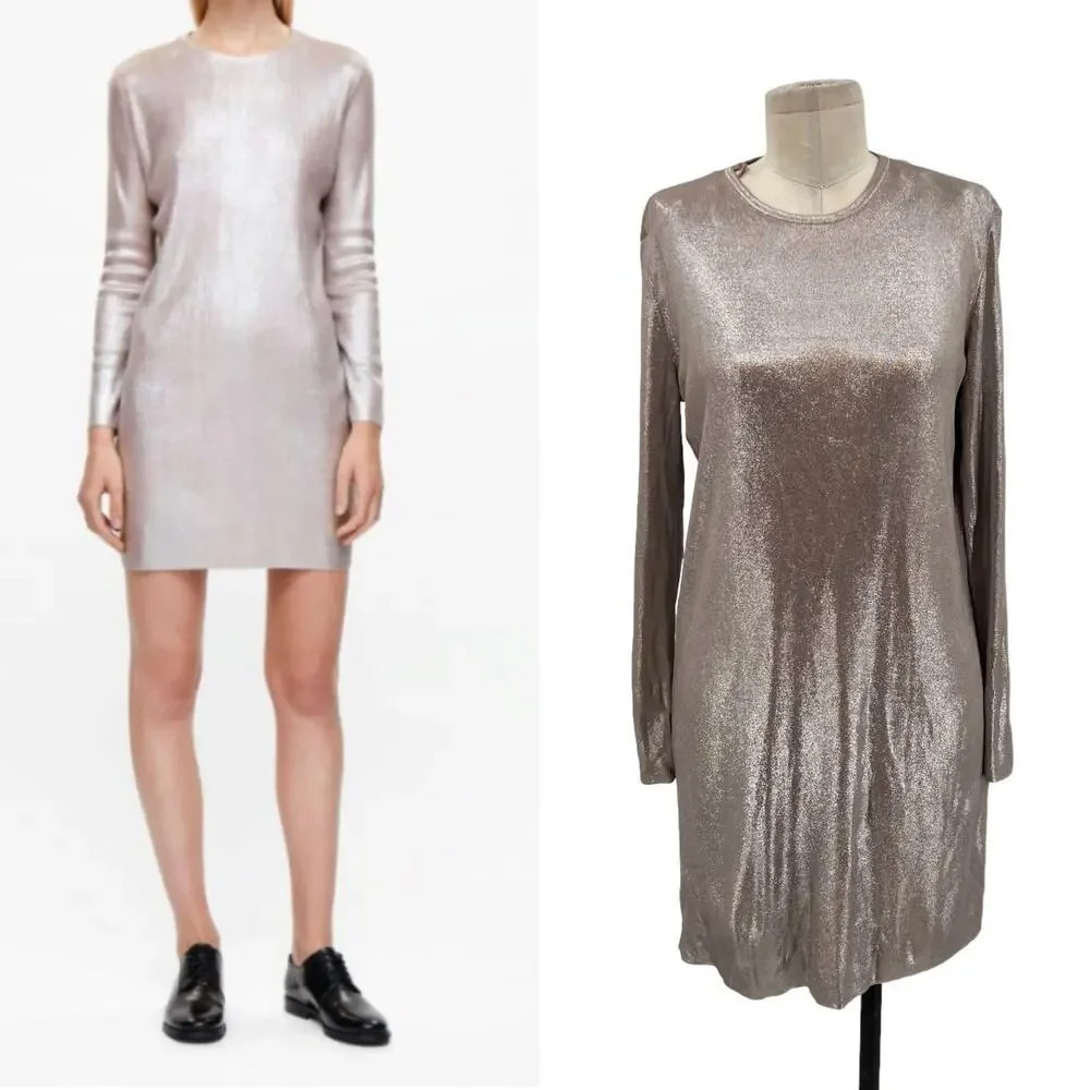 COS Metallic Knit Long Sleeve Sweater Dress Tunic Size Small